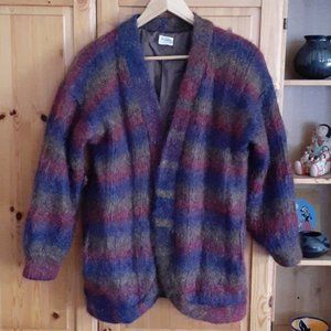 Mohair chunky stripe purple pink gray metallic yarn open front cardigan sweater